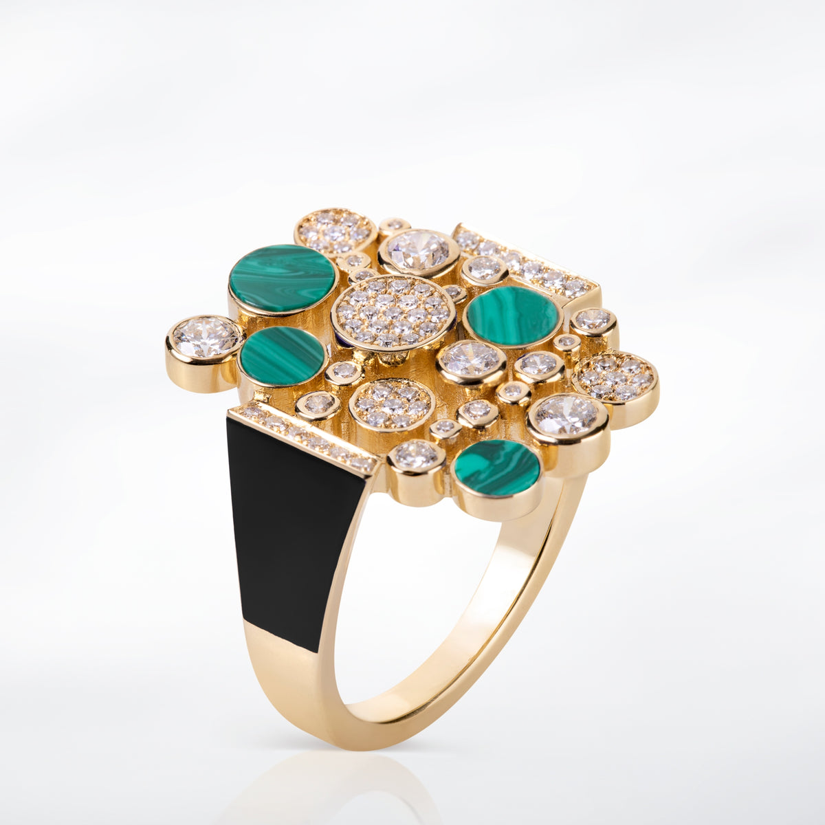 Diamond Bubbles Ring with Malachite and Black Enamel