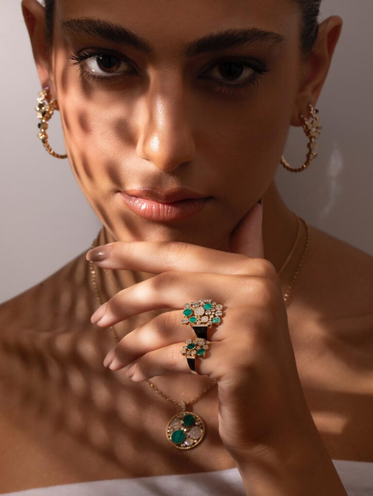 Diamond Bubbles Ring with Malachite and Black Enamel