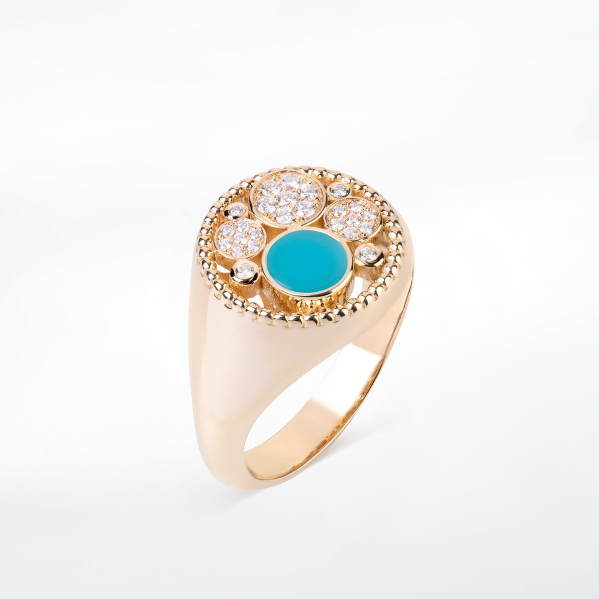 Small Yellow Gold Bubbles Ring with Turquoise and Diamonds