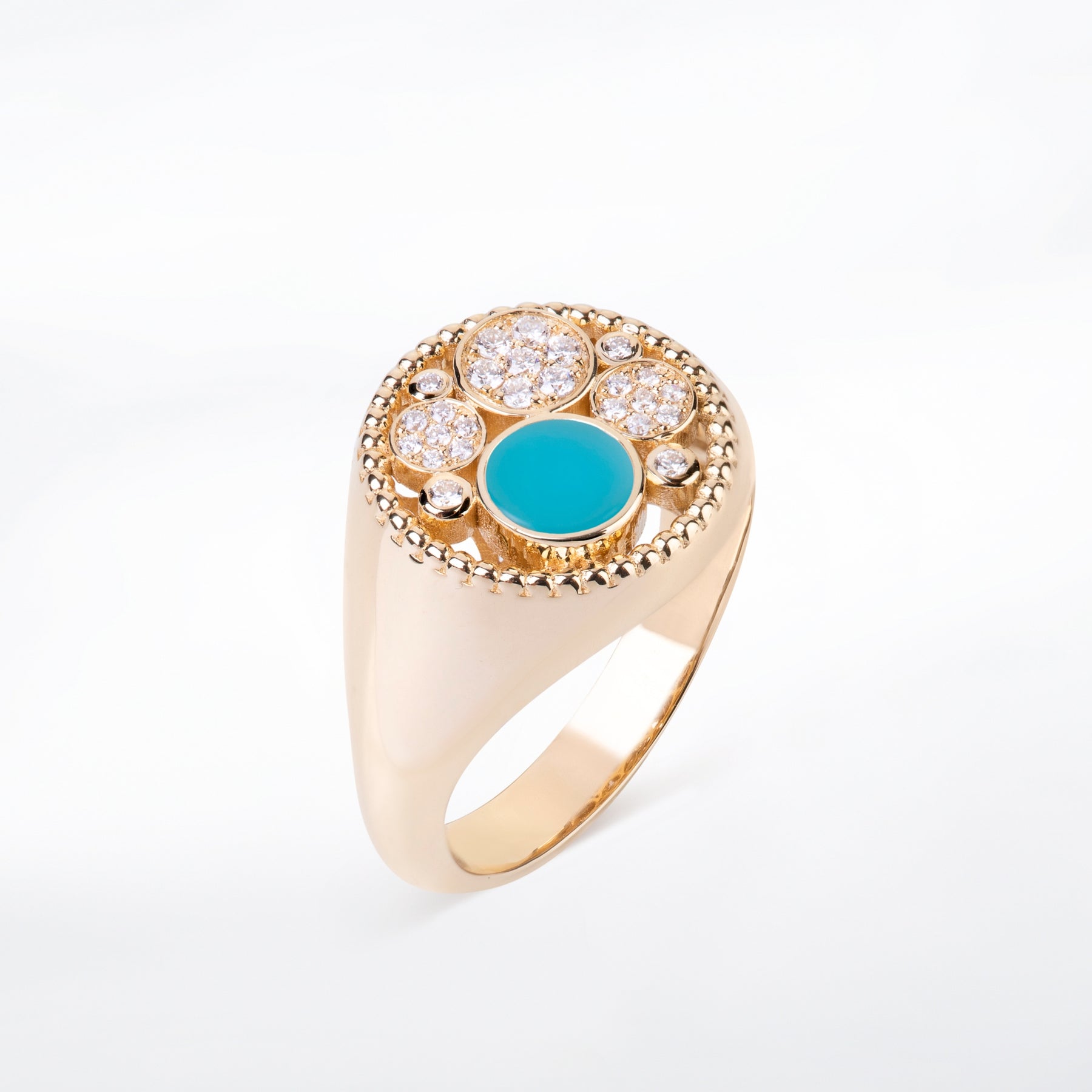 Small Yellow Gold Bubbles Ring with Turquoise and Diamonds