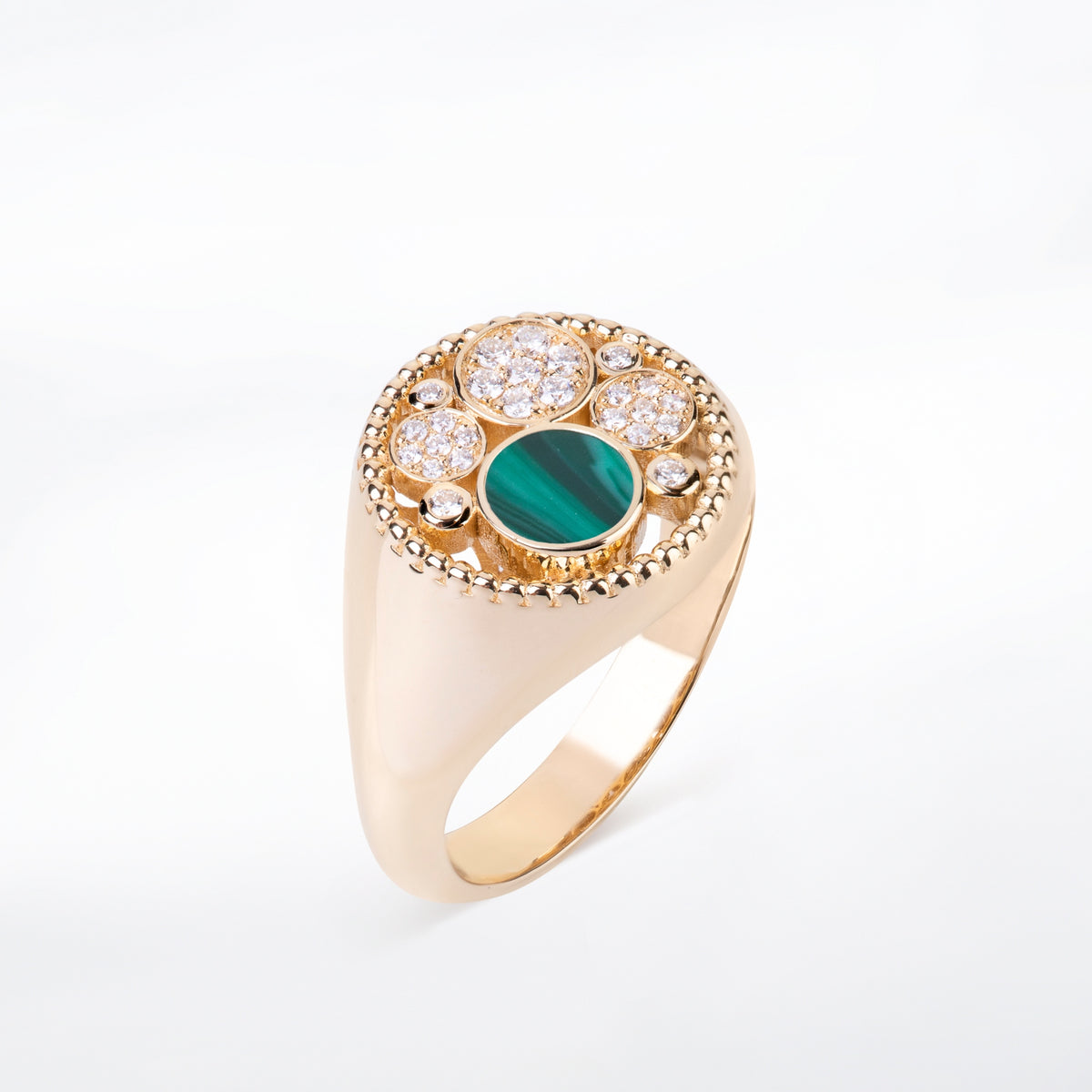 Small Yellow Gold Bubbles Ring with Malachite and Diamonds