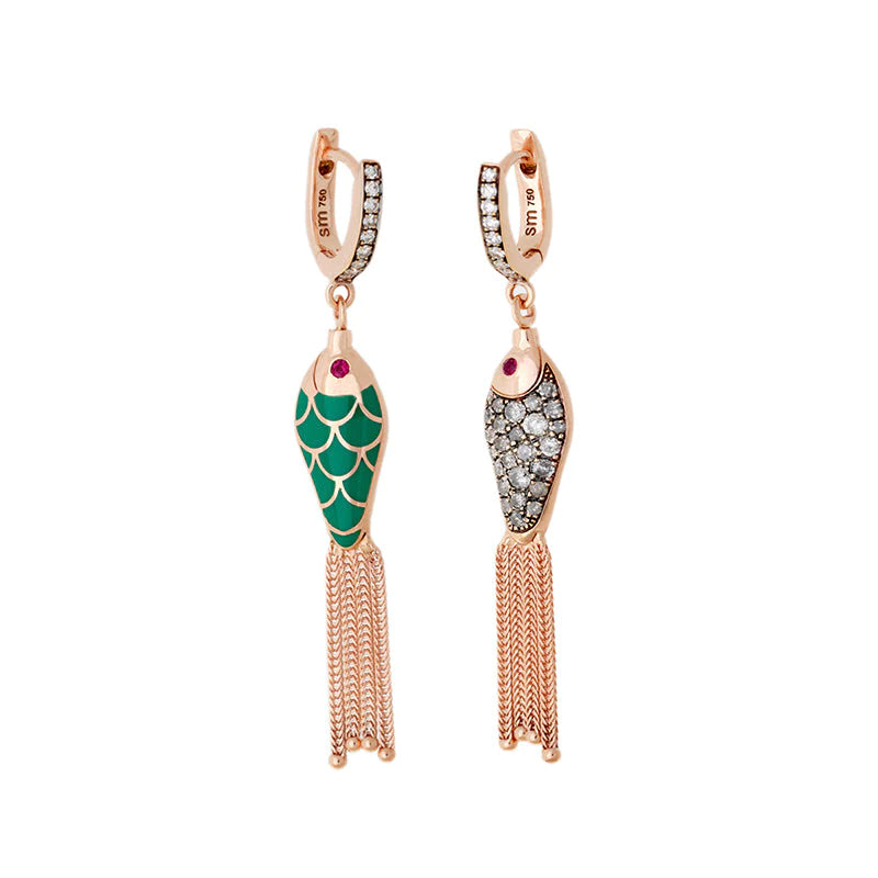 Fish for Love Earring Green Icy Grey Diamonds