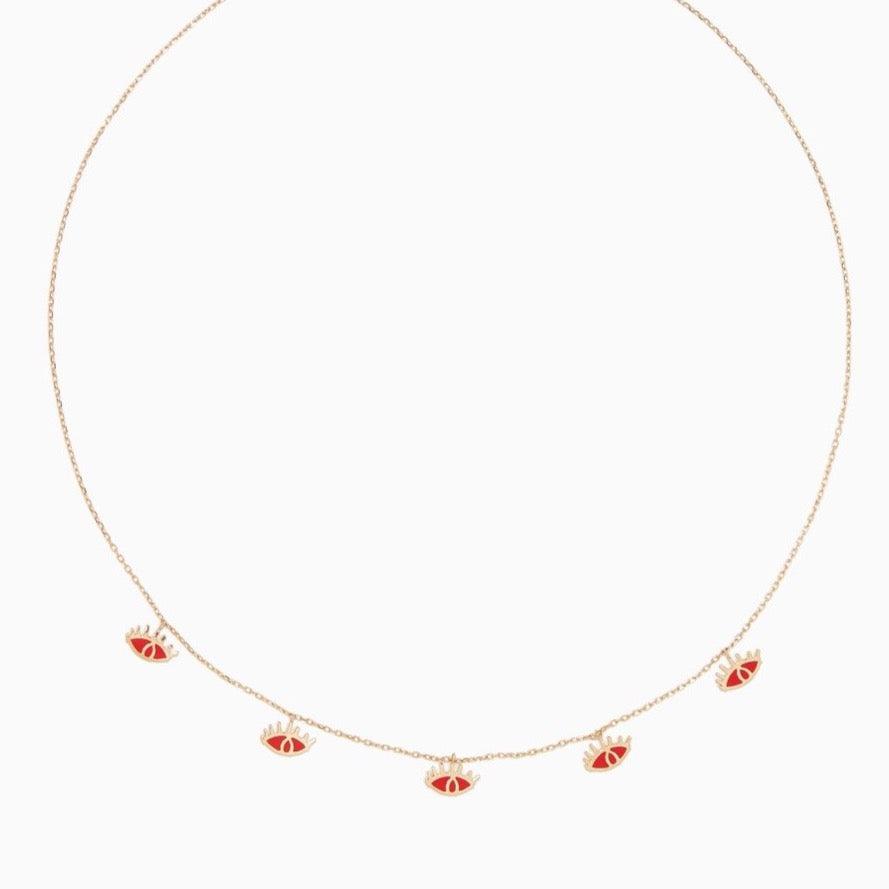 Yellow Gold & Red Enamel Eye Charm Necklace - Tales of Stones