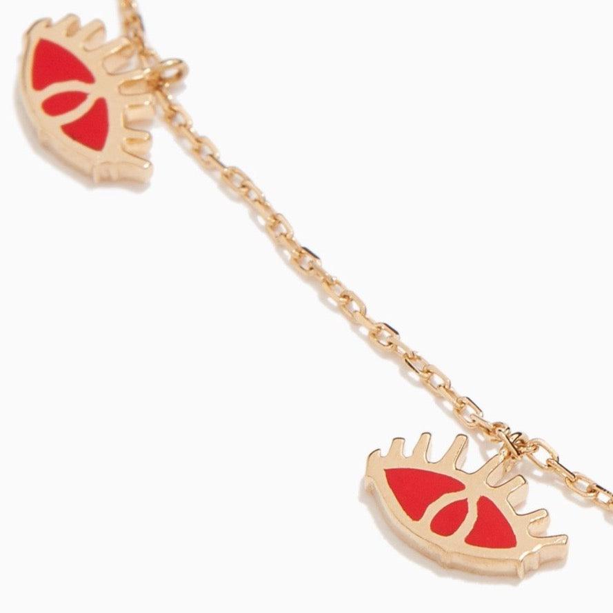 Yellow Gold & Red Enamel Eye Charm Necklace - Tales of Stones