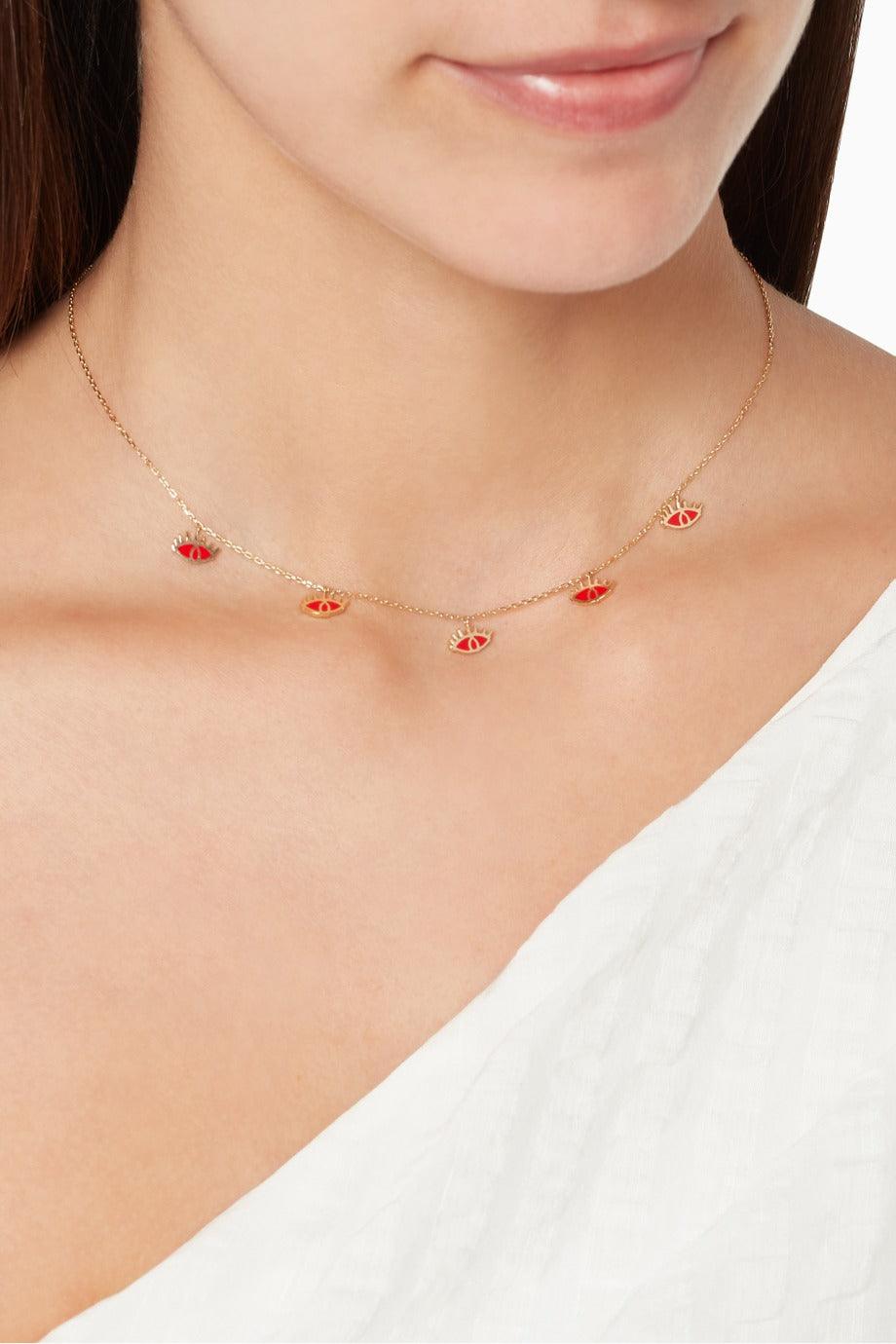 Yellow Gold & Red Enamel Eye Charm Necklace - Tales of Stones