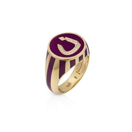 Yellow Gold/White Diamonds Enamel Letter Signet Ring - Tales of Stones