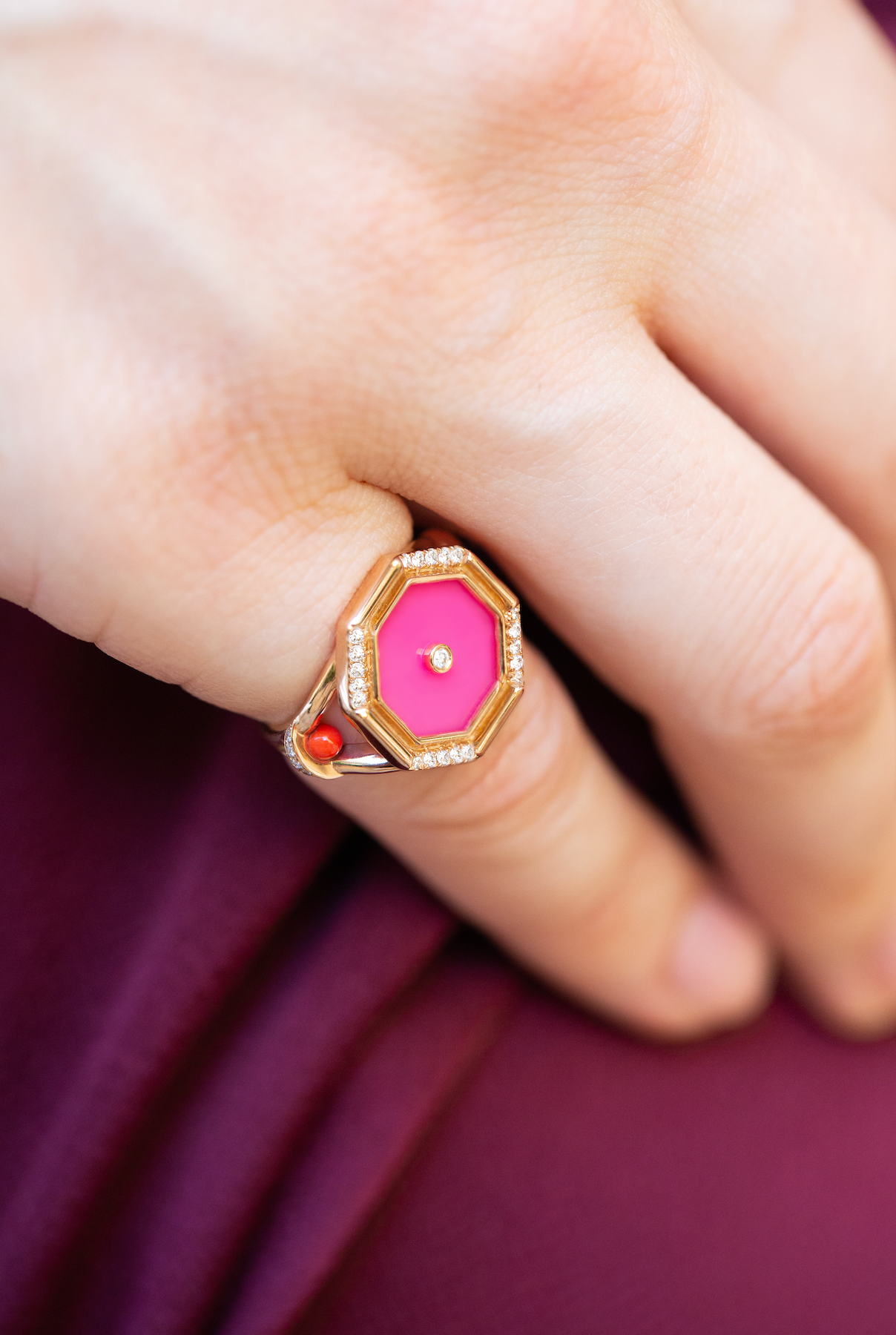 Pink Agate Hexagon Pinky Ring