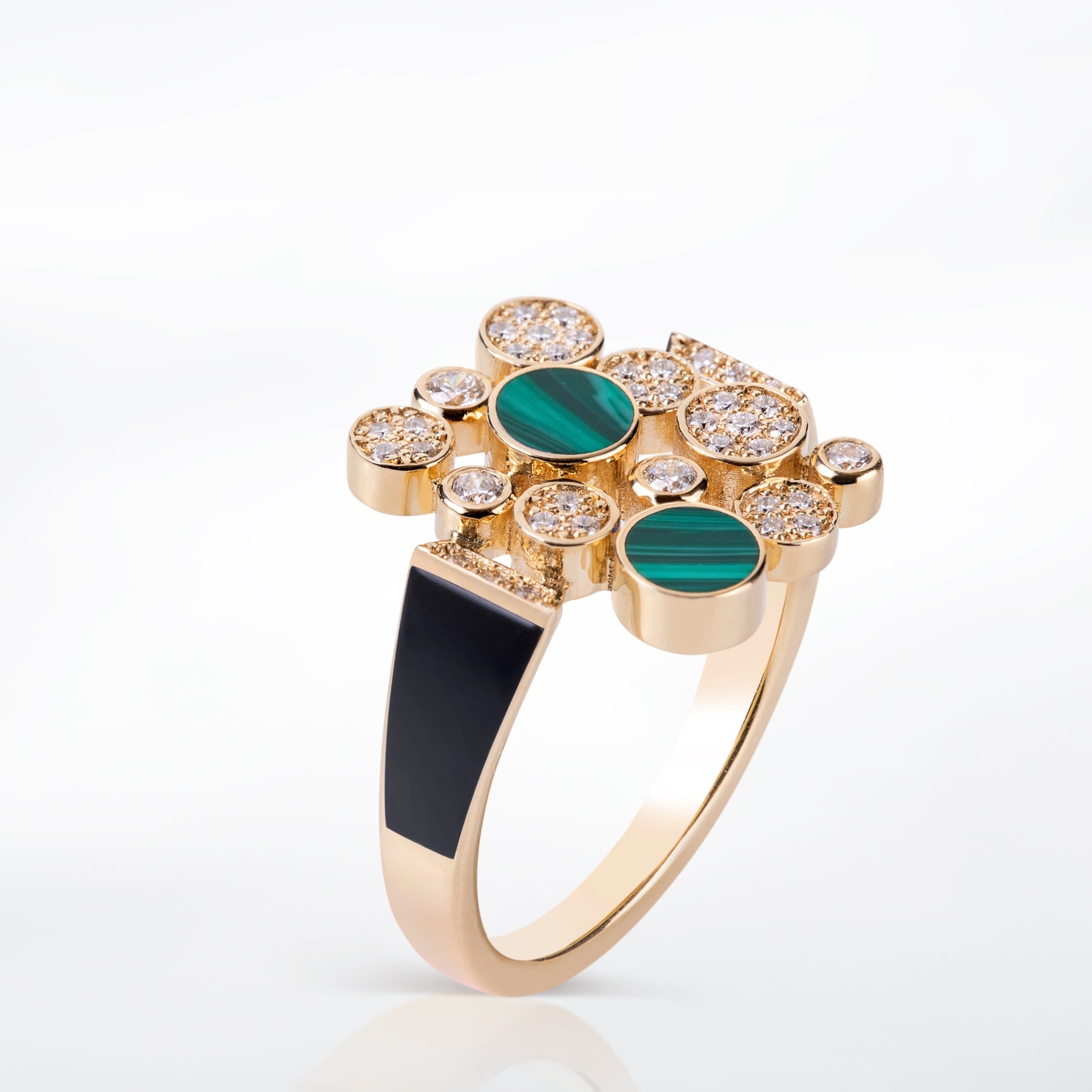 Small Diamond Bubbles Ring with Malachite and Black Enamel