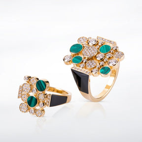 Small Diamond Bubbles Ring with Malachite and Black Enamel