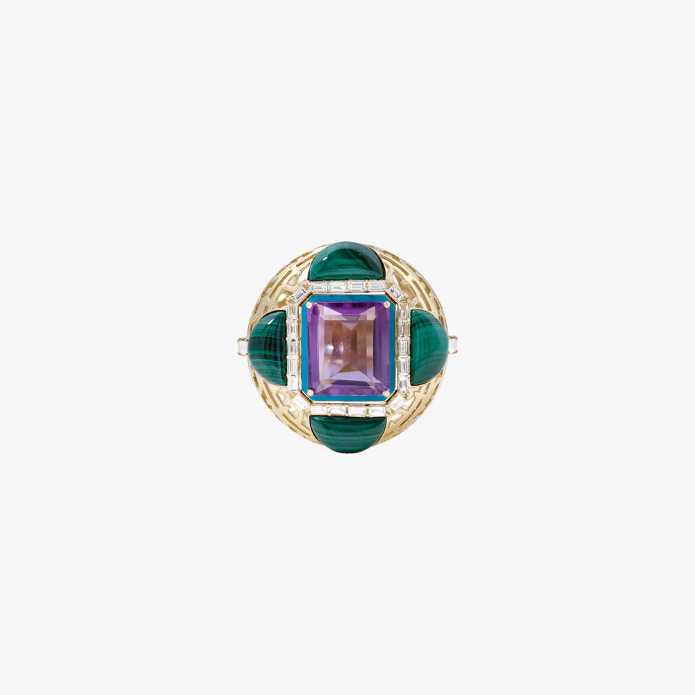 HAWA - 18K Malachite & Amethyst Baguette Diamond Ring