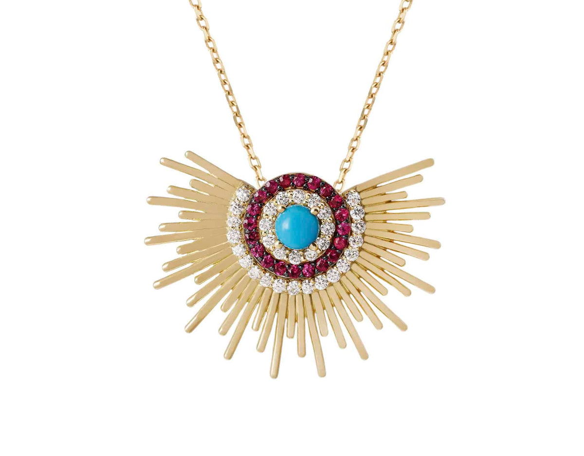 Diamond Soleil Necklace With Turquoise and Ruby