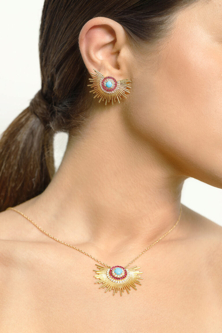 Diamond Soleil Necklace With Turquoise and Ruby