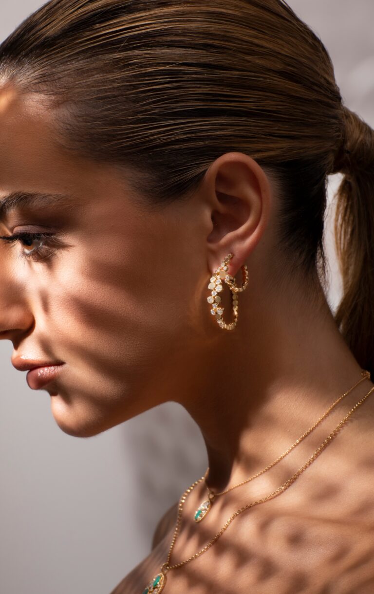 Small Yellow Gold Diamond Bubbles Hoop Earrings