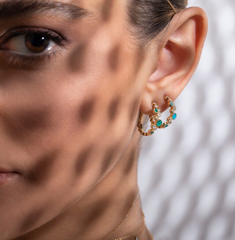 Small Diamond Bubbles Hoop Earrings with Malachite