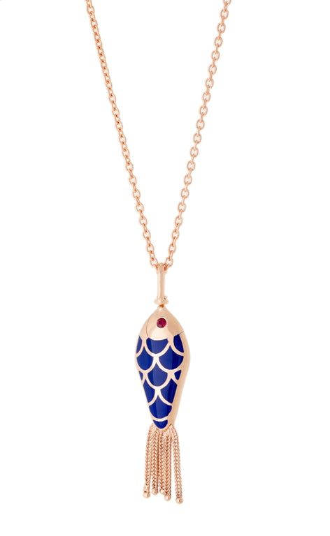 Fish For Love Pendant Ivory & Navy Blue Rubies