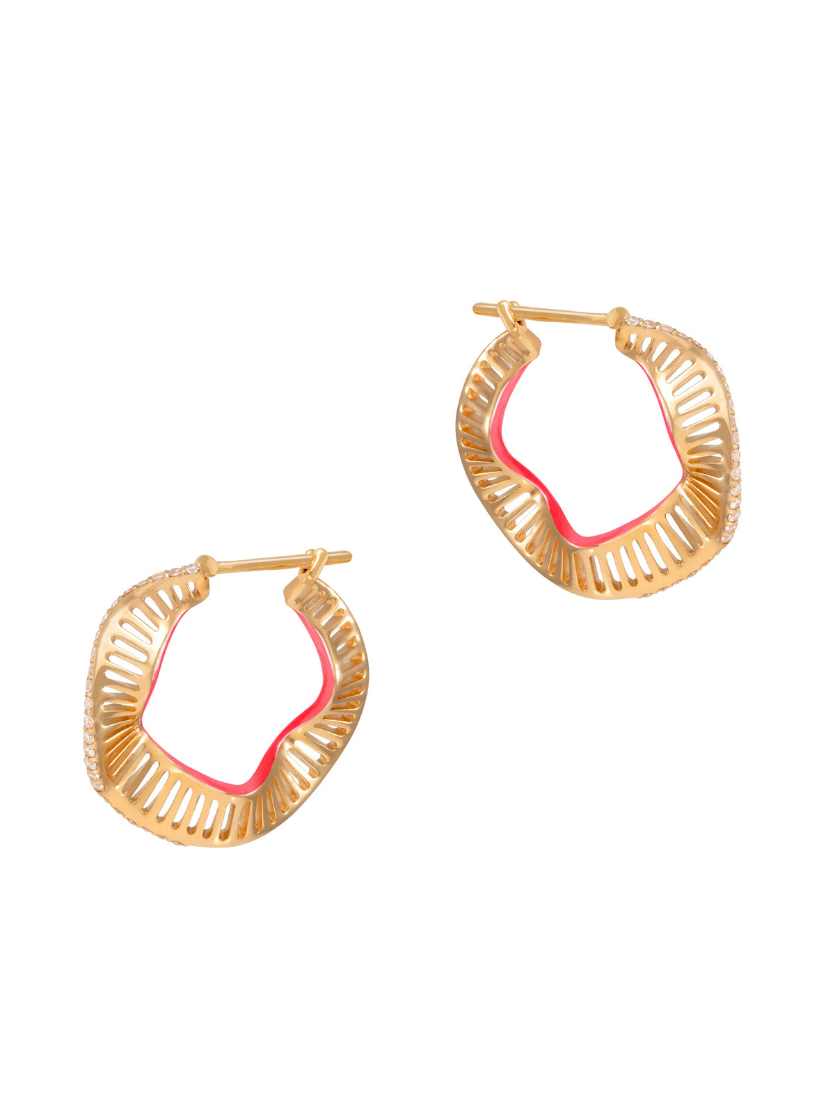 Waves Hoops with Pink Enamel and Diamonds - Size 2